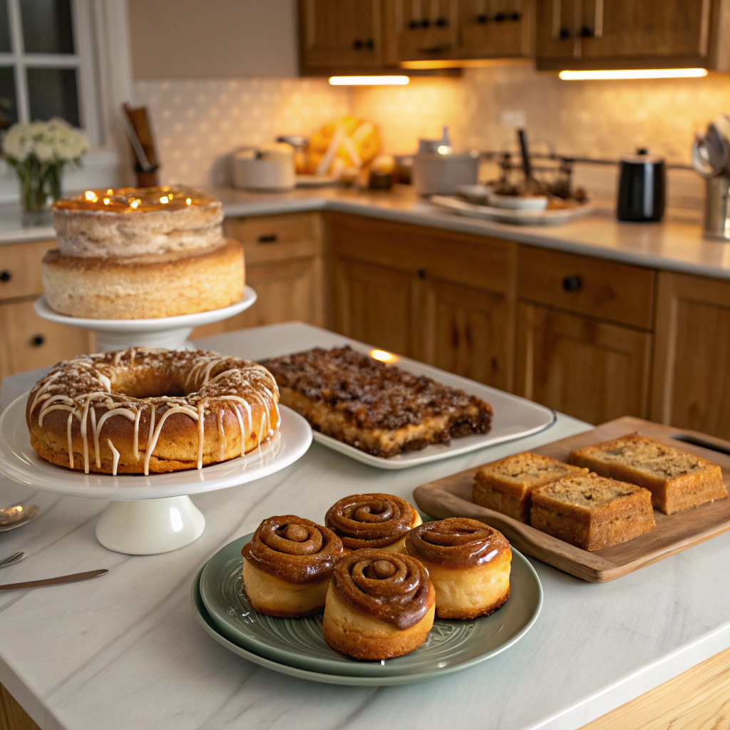 A variety of baked goods displayed on a kitchen counter, including layered cakes, a glazed donut, cinnamon rolls, and a rectangular cake, with wooden cabinets and soft lighting in the background.