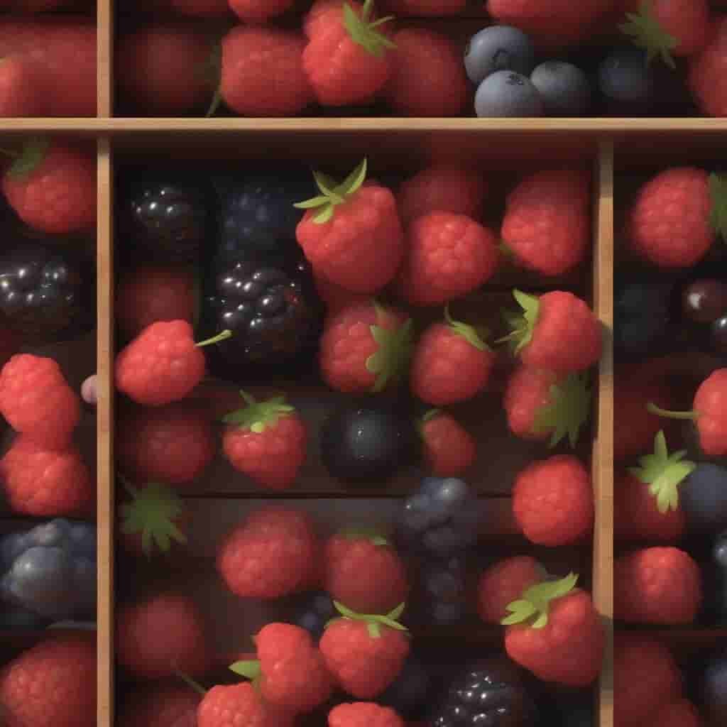 A variety of raspberries, blackberries, and blueberries arranged in a wooden divided container.