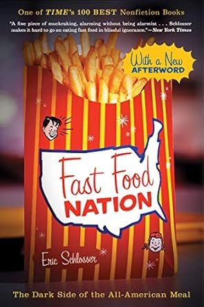 Cover of the book "Fast Food Nation" by Eric Schlosser, featuring a large red and yellow striped bag of fries with the outline of the state of Ohio and text highlighting the book title and author.