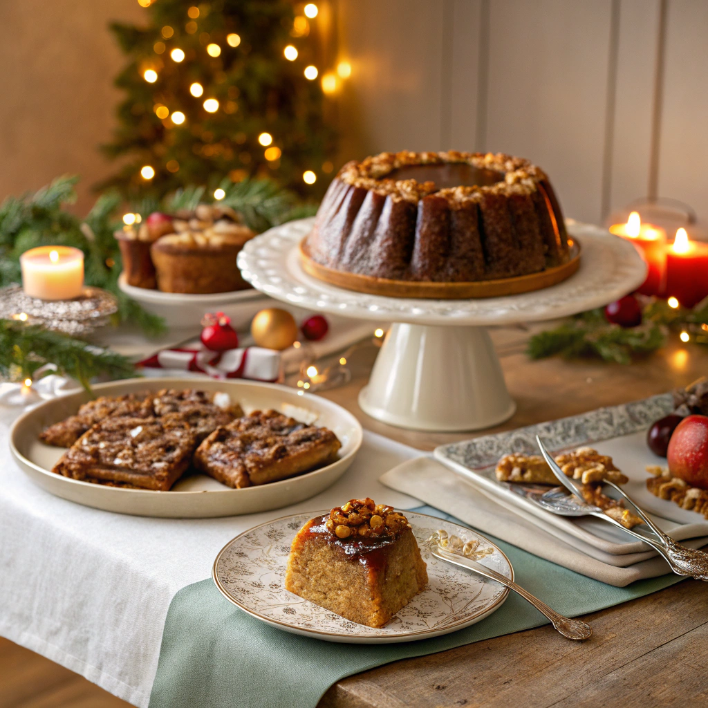 A beautifully arranged holiday dessert table featuring a large bundt cake with nuts, a plate of sweet bars, and a smaller slice of cake garnished with caramel and nuts. There are decorative candles, festive ornaments, and greenery, all set against a softly lit background.