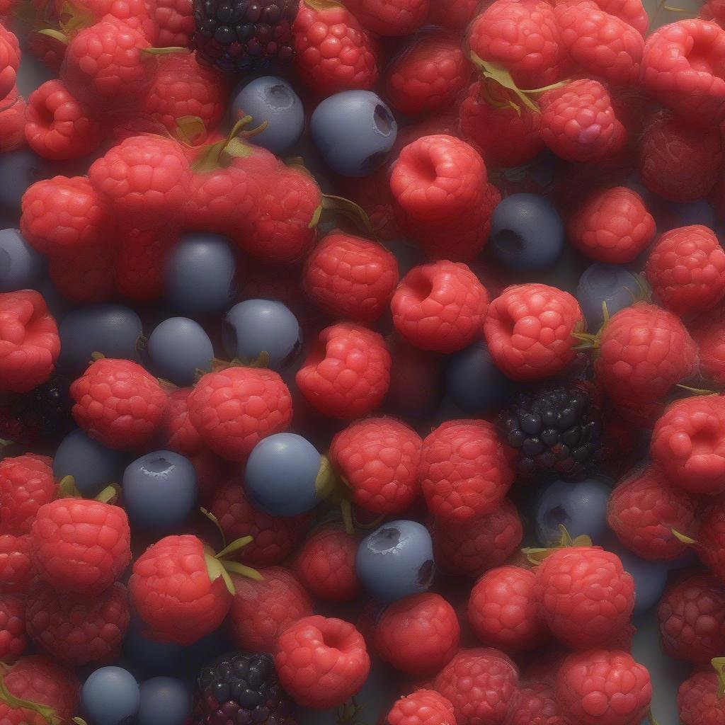 A close-up view of a mix of red raspberries, blueberries, and blackberries, densely arranged and slightly blurred.