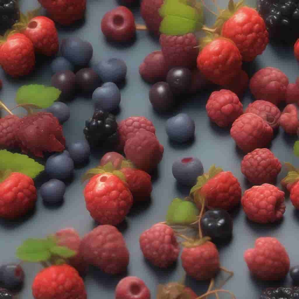 A variety of berries including raspberries, blueberries, and blackberries scattered across a dark surface, with some green leaves among them.