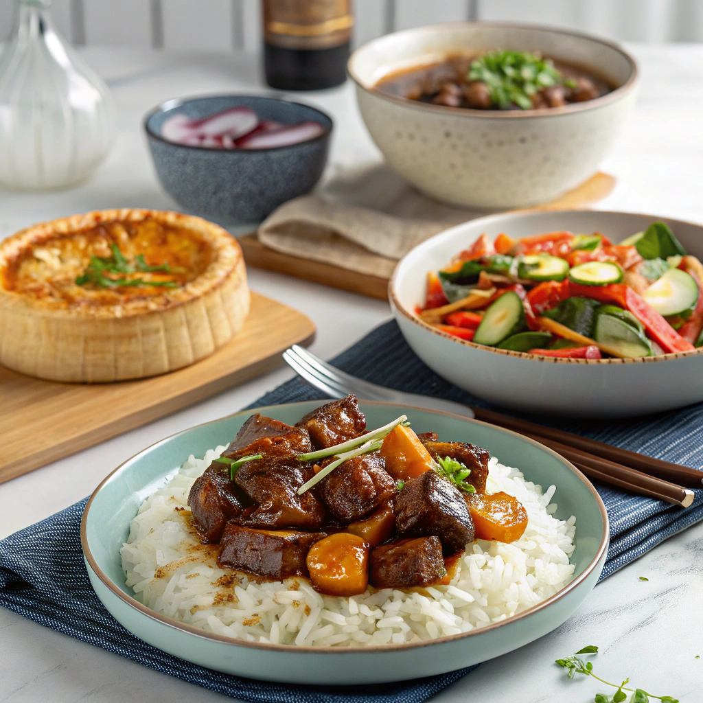 A plate of rice topped with chunks of meat and sauce, garnished with green onions, accompanied by a side of mixed vegetables, a bowl of broth, a dish of pie, and a small bowl of sliced radishes.