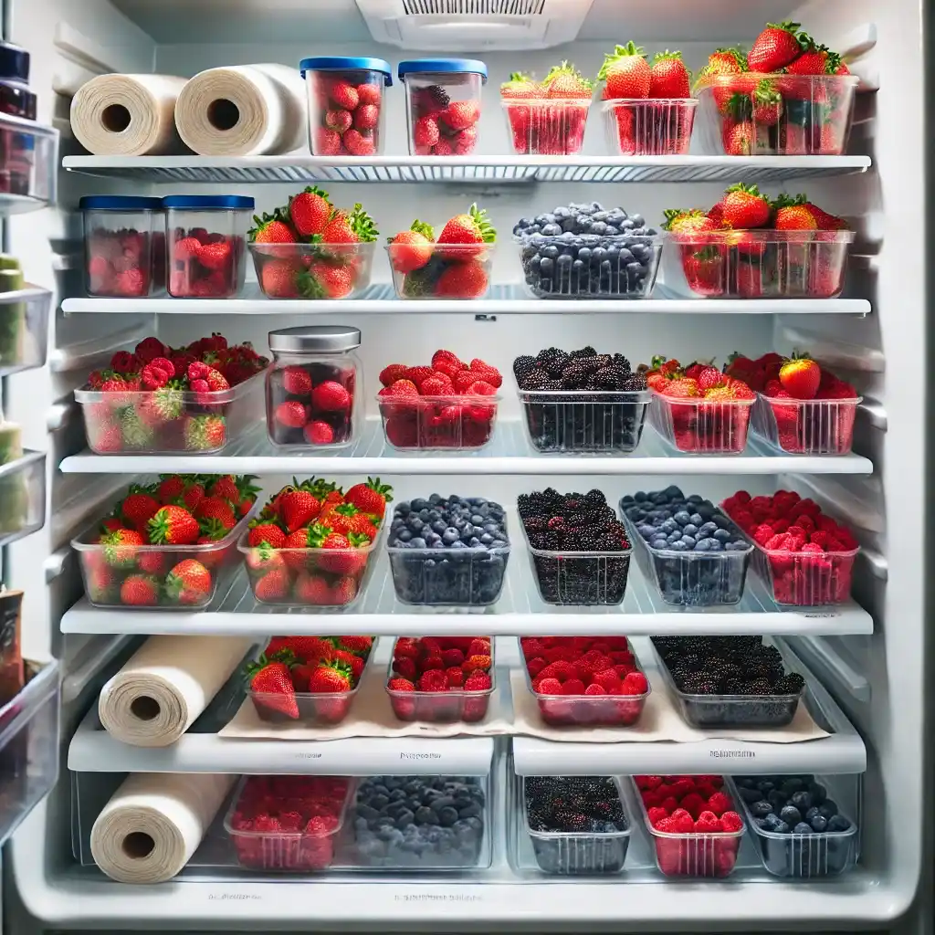 A refrigerator filled with various containers of fresh strawberries, raspberries, blueberries, and blackberries, organized on shelves with paper towels and plastic wrap on the bottom shelf.
